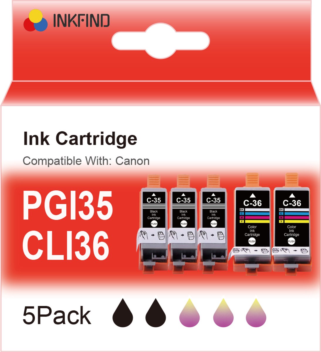 INKFIND PGI-35 CLI-36 inktcartridge voor PGI-35 CLI-36 Canon PGI35 CLI36 inktcartridge multipack 5 stuks (PGI-35 Zwart x 3; CLI-36 K/C/M/Y x 2) Geschikt voor Canon PIXMA iP100 / Canon PIXMA iP110 / Canon PIXMA TR150 - 5 PACK