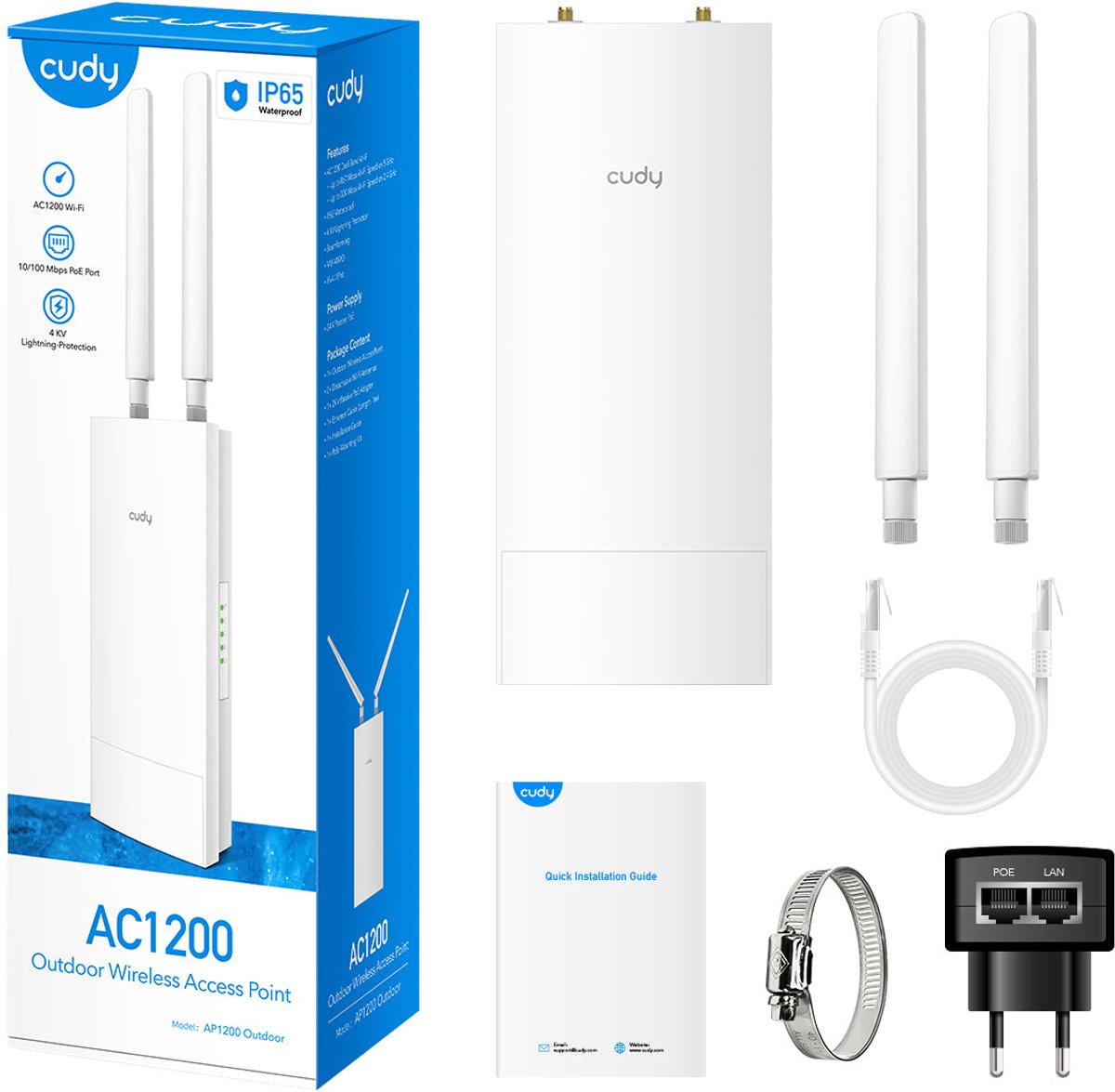 Cudy AP1200 Dual-Band Access Point – 2,4 GHz & 5 GHz, 867 Mbps, PoE, Wit
