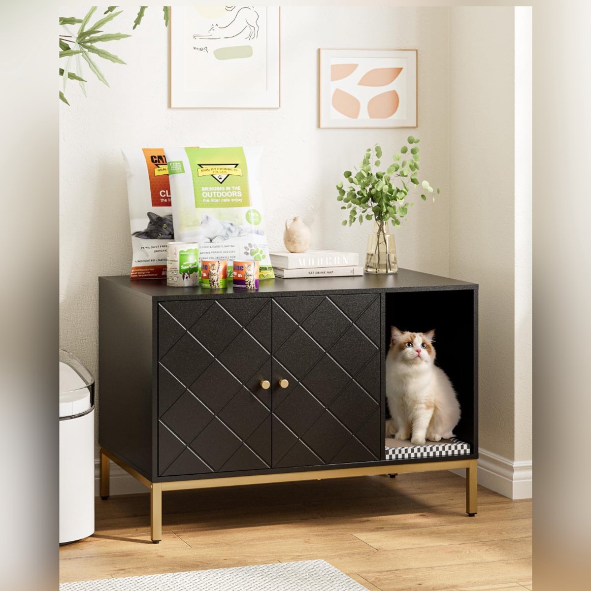 HEZIVO® Kattenbak Ombouw - Kattenkast - Kast voor Katten - Kattenhuis - Zwart