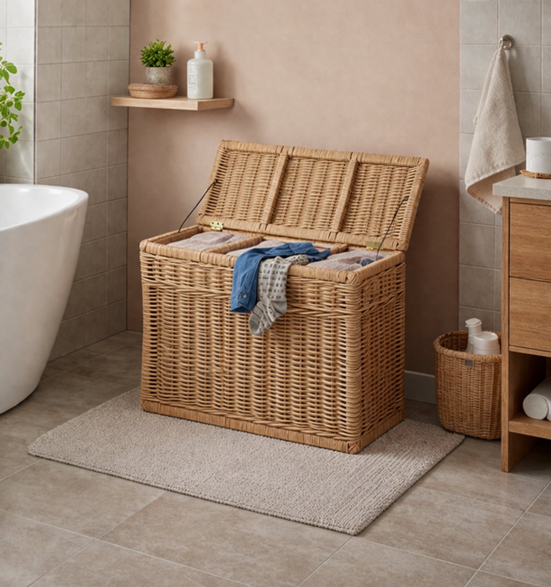 Rotan Wasmand Naturel - 3 vakken - 85x40xH65 cm - Wasmand Riet driedelig