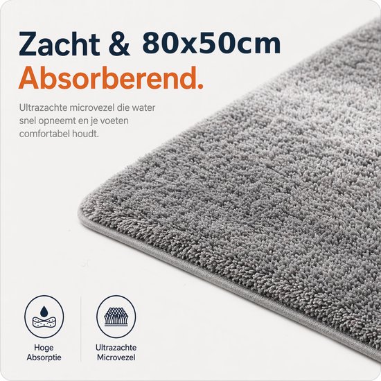 Close-up van een zachte, absorberende grijze badmat met microvezels. Afmeting 80x50cm.