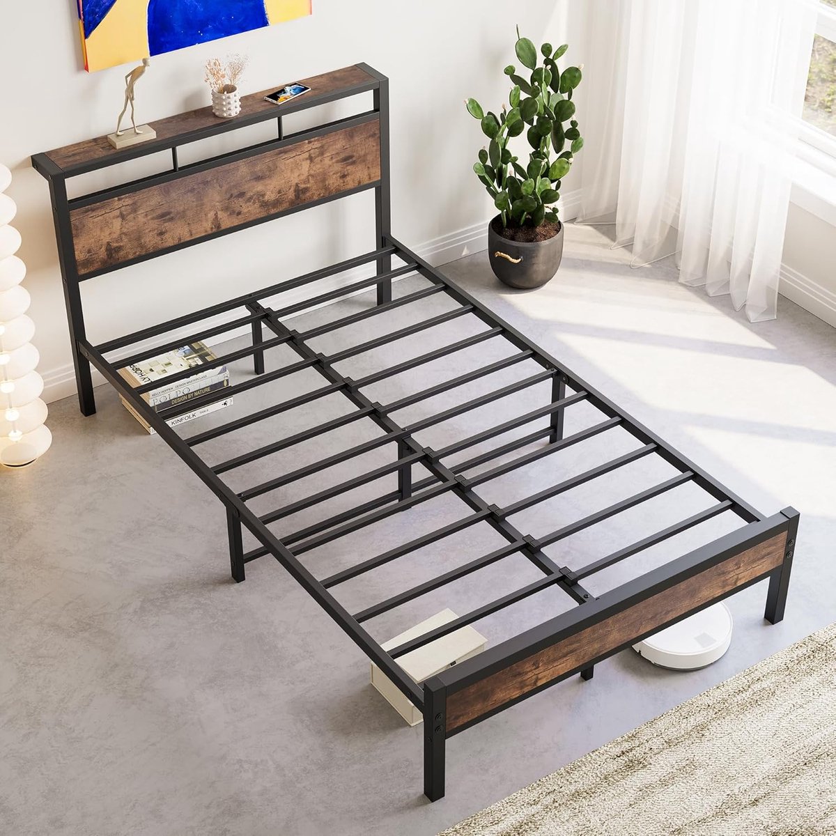 Industrieel Metalen Twijfelaar Bedframe met Houten Hoofdbord & Opbergplanken – 120 x 200 cm