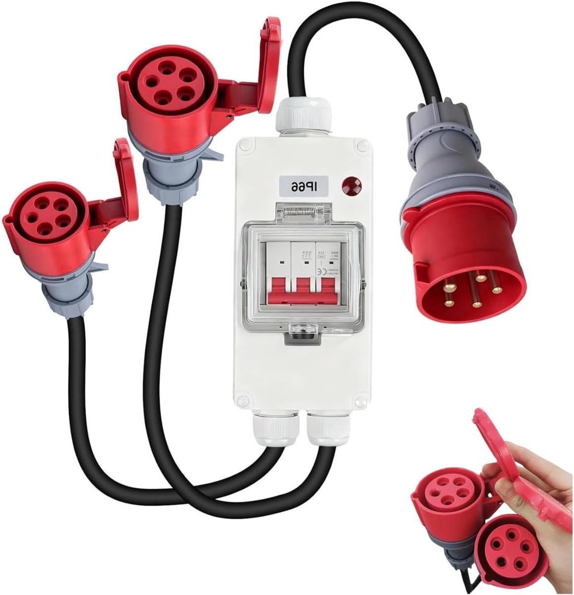 32A naar 16A CEE adapter, 1 naar 2, IP66 waterdicht, ideaal voor camping en festivals
