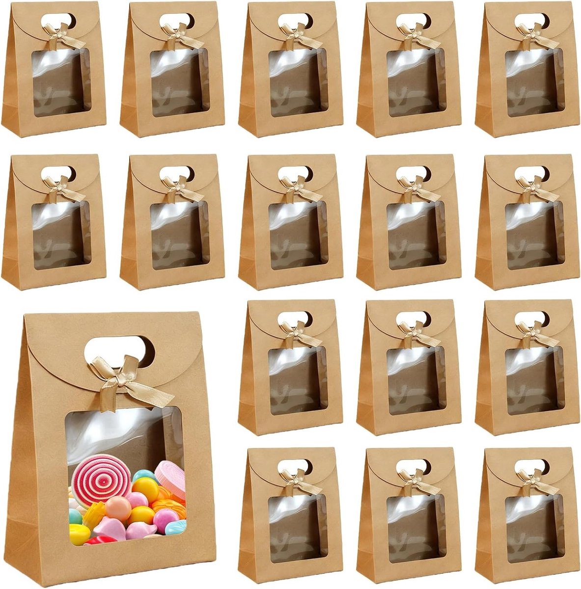 Set van 30 Raam Geschenktassen, 12 x 16 x 6 cm, Bruine Papieren Tassen met Handvatten voor Verjaardagen, Feestjes en Cadeauverpakking