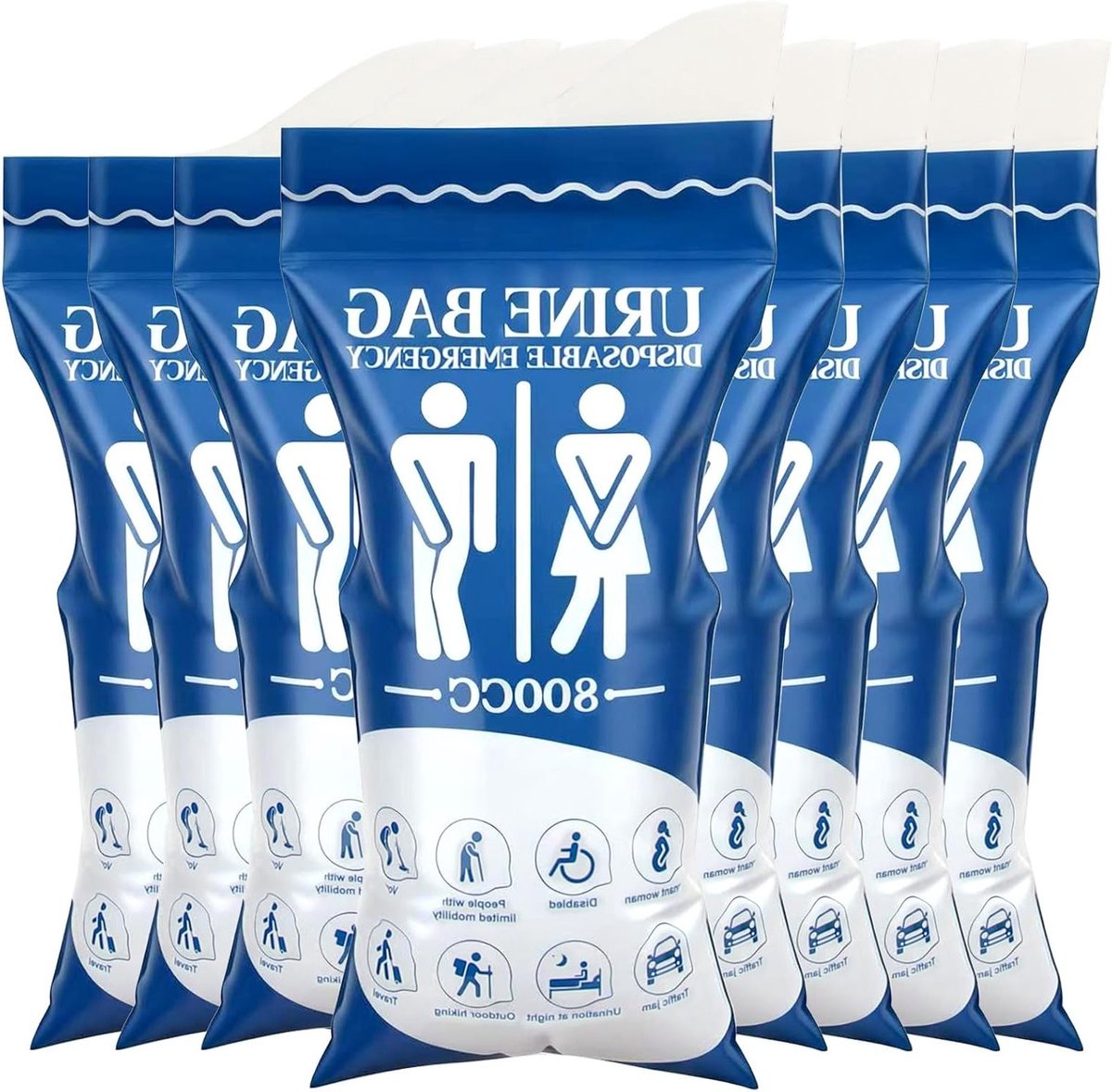 8 Stuks Wegwerp Urinezak 800ml - Draagbare Urinezak met Gel voor Kamperen, Reizen en Noodgevallen - Super Absorberend voor Mannen, Vrouwen en Kinderen
