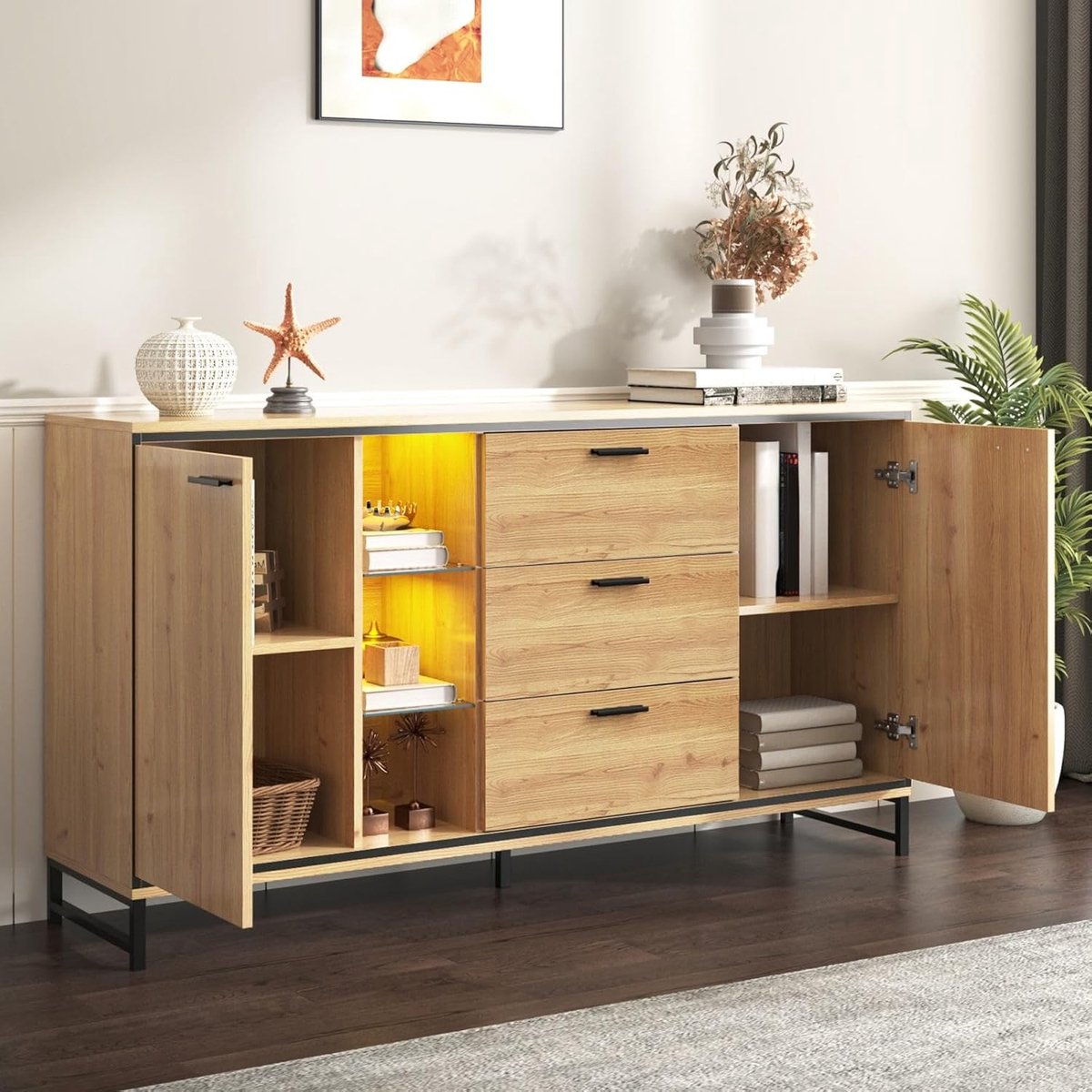 Lumina Oak XL Dressoir - Luxe Commode met 15-Kleuren LED-Verlichting, 3 Laden & 2 Deuren - 160cm Modern Sideboard in Naturel Eiken & Zwart