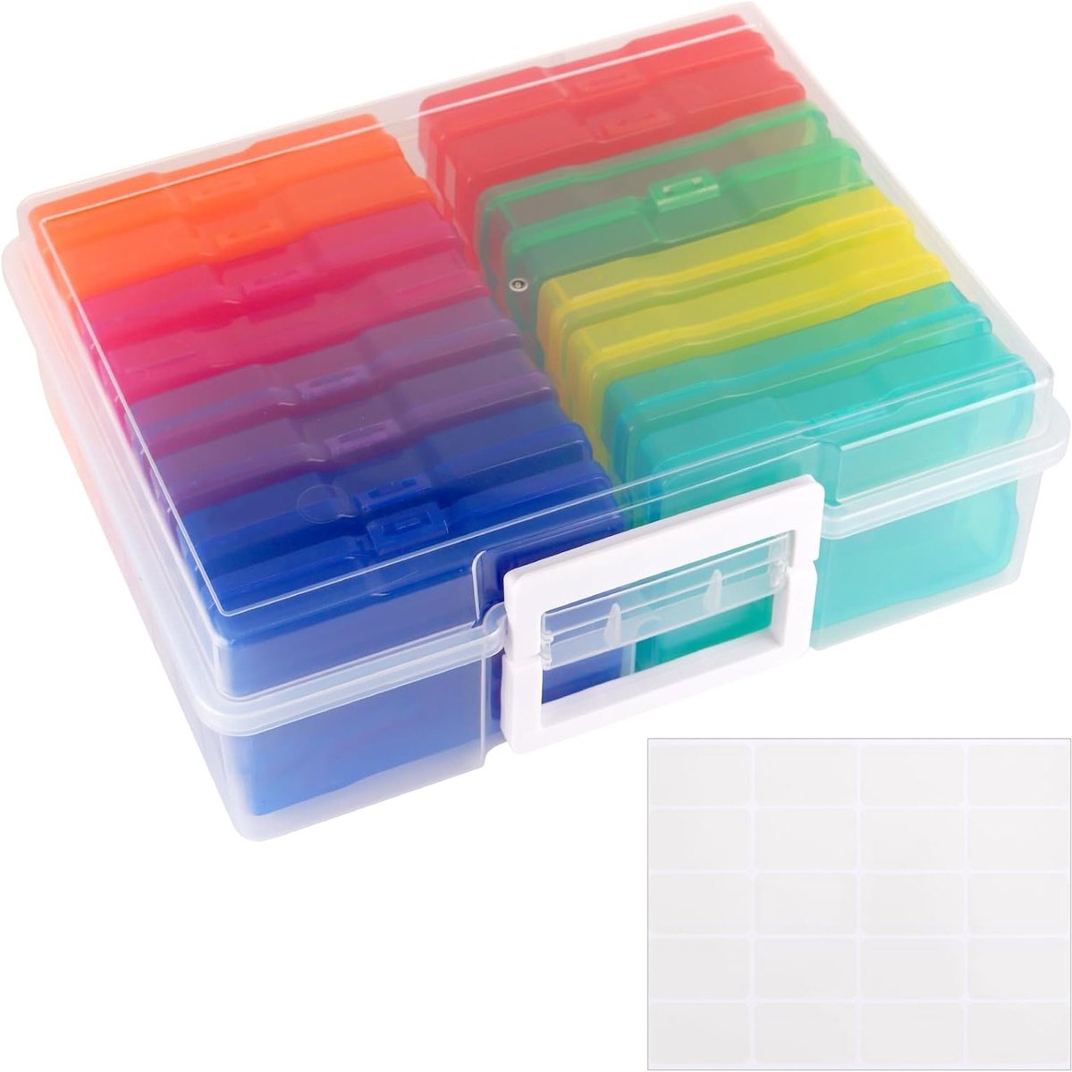 Opslagdoos voor Foto's met 16 Kleurige Binnencontainers, Transparante Plastic Organiser voor Foto's, Kaarten en Creatieve Projecten, 12 x 17 cm