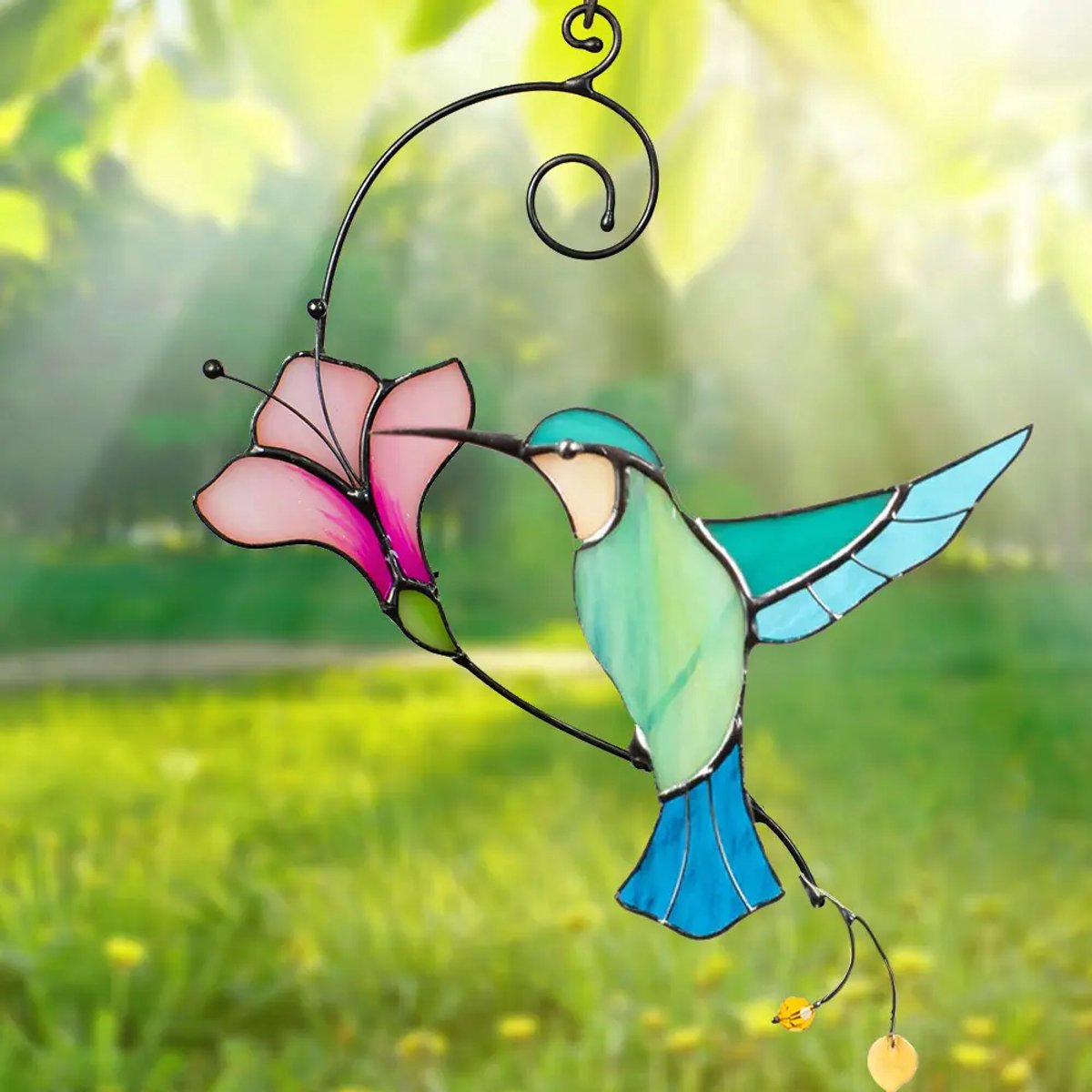 Glazen Suncatcher Vogel met Bloem – Raamhanger van Glas – Kleurrijke Wanddecoratie – Cadeau voor Vogelliefhebbers – 22x15 cm