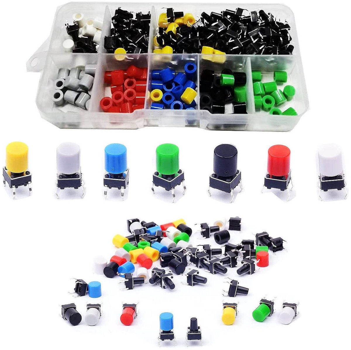 Image of 105-delige assortiment van tactiele drukknoppen, 6x6x9mm micro schakelaars, instant drukknoppen voor elektronica en projecten