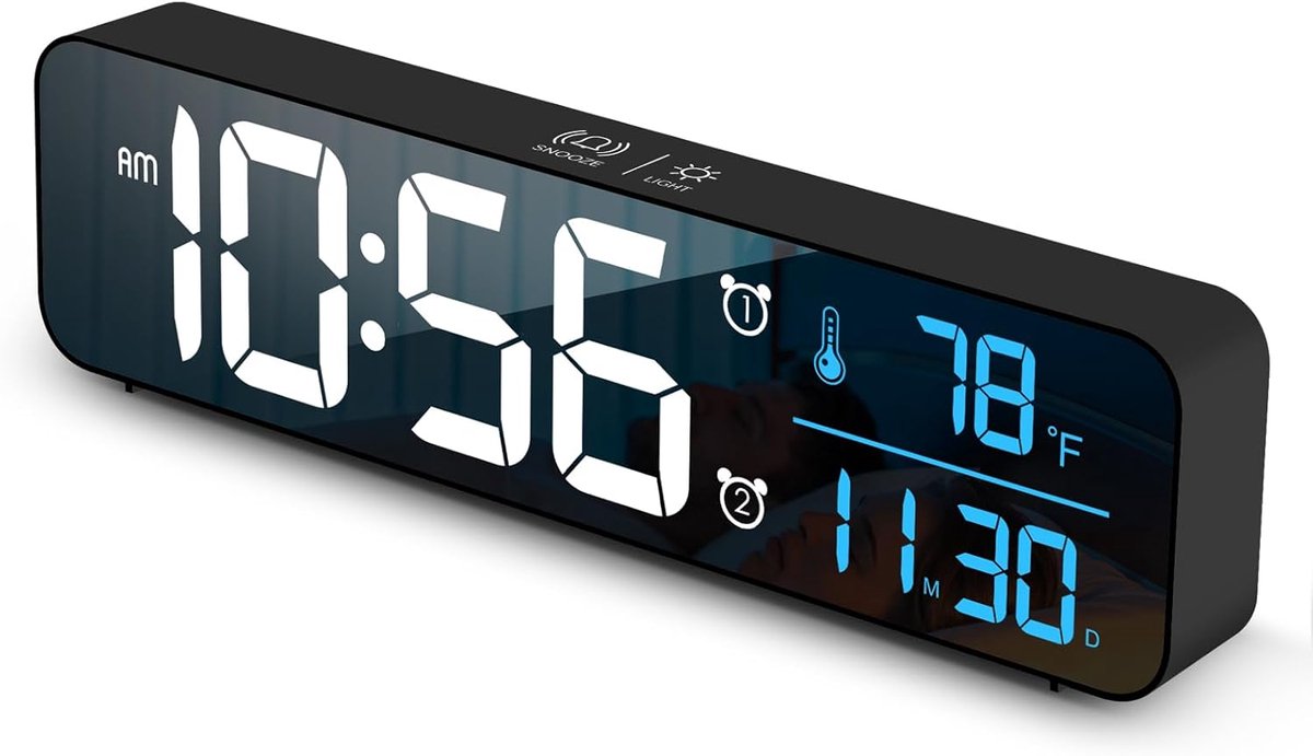 carmdering - Digitale wekker, Wandklok, multifunctionele klok,groot display met USB-oplader, 12 uur 24 uur, moderne elektronische klok voor de slaapkamer
