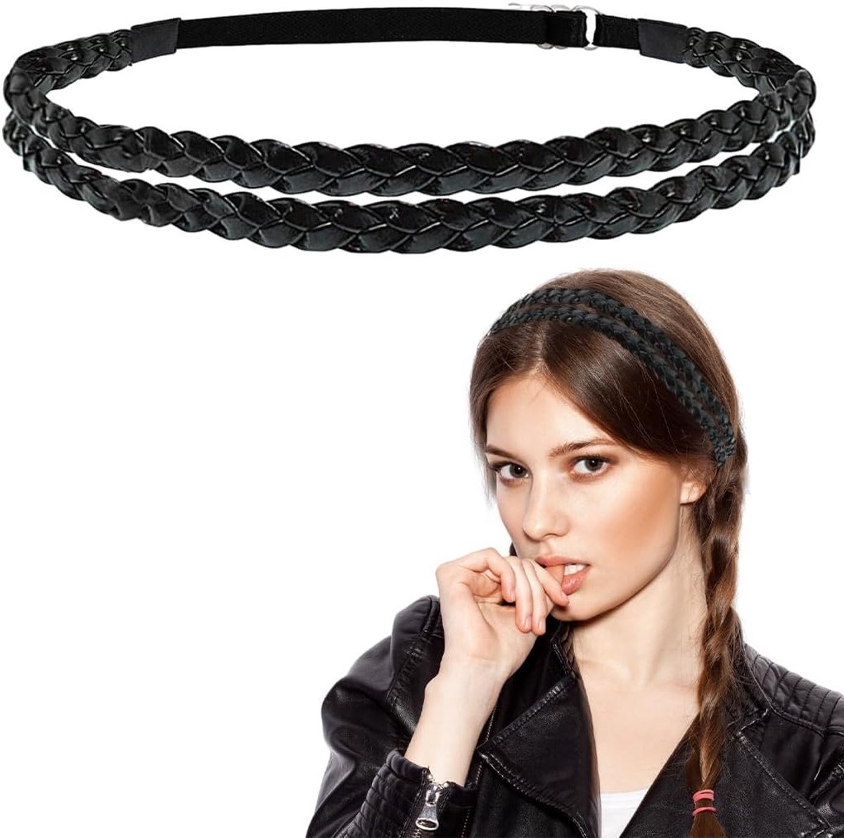Zwarte PU Haarband voor Dames, Dubbel Gevlochten Dunne Elastische Hoofdband, Verstelbare Boho Vintage Accessoire voor Bruiloften en Feestjes