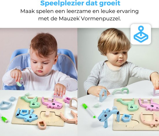 Kinderen spelen met de Mauzek® houten dierenpuzzel. Ze plaatsen de roze, blauwe, roze en groene dierenstukken in het bord.