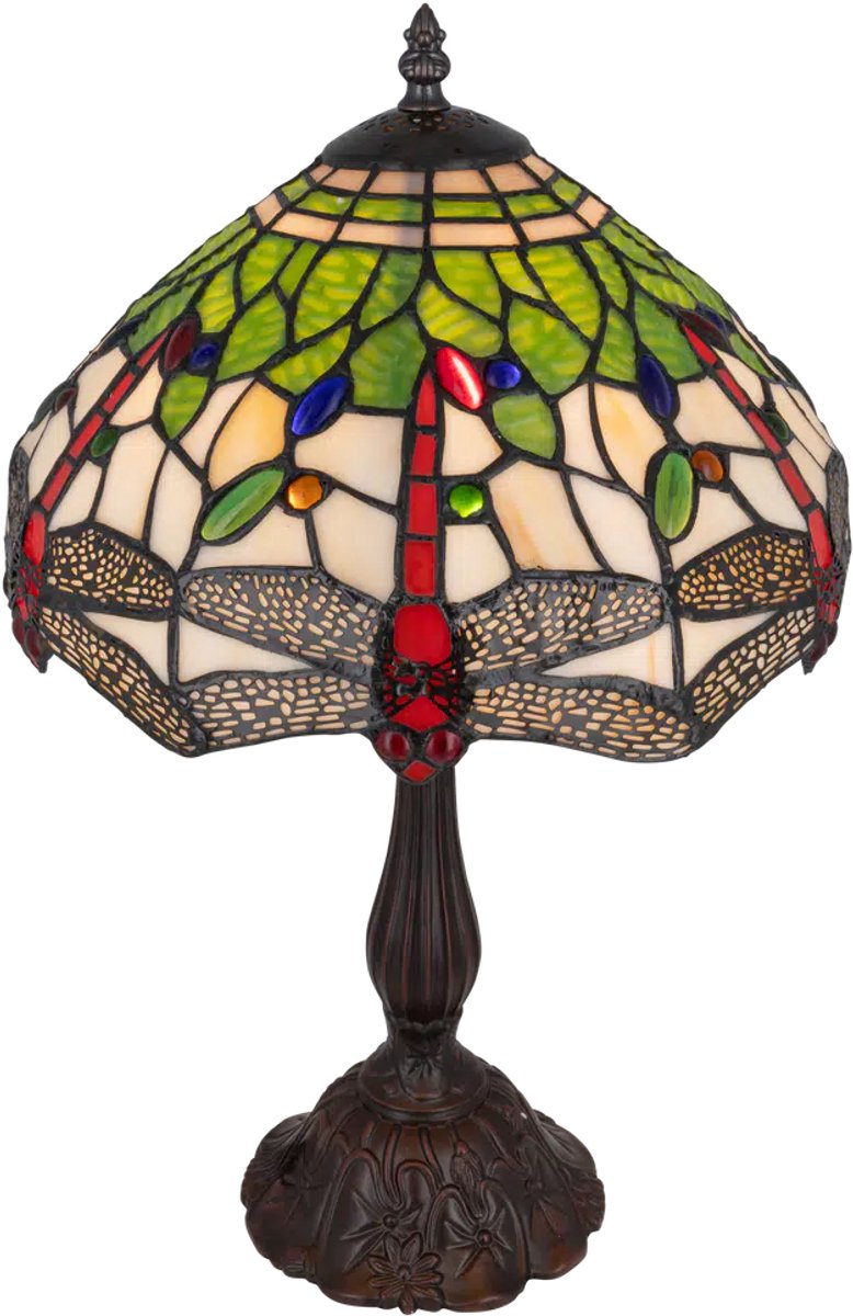 Tiffany tafellamp Libelle - Groen-crème-rood - Ø 30 cm - Glas in lood - Warm licht - Dragonfly - Klassiek | RORUVERA