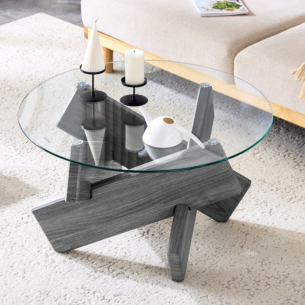 MODENUIT Salontafel - Ronde Glazen Tafel Met Kruisvoet - Voor Woonkamer En Leeshoek - MDF En Transparant Glas - 79x45 Cm Grijs