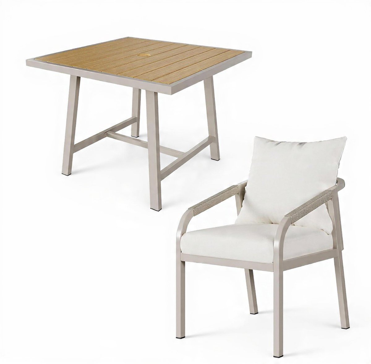 Tuinmeubelset 7-delig 6 Personen – Luxe Tuin Eetset met WPC Tafelblad, 6 Stoelen met Gevlochten Touwdesign, Weerbestendig Verzinkt Staal – Inclusief Kussens – Urbanhome
