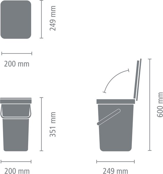 Dessins techniques de poubelles Brabantia avec dimensions en mm.