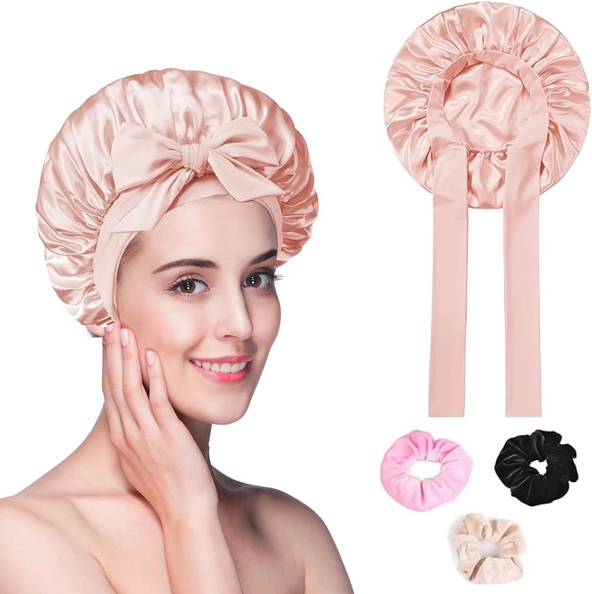 Satin Slaaphoed - Nachtmuts - Zijde - 3 Haarbandjes - Voor Vrouwen en Meisjes - Roze - 55-70