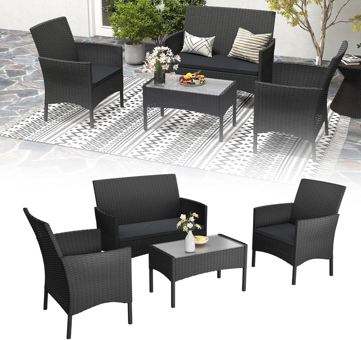 Aufun polyrattan tuinmeubelset – voor 4 personen – 2-zitsbank, 2 fauteuils, tafel met glazen blad – incl. kussens – wit glas – voor terras, tuin en balkon