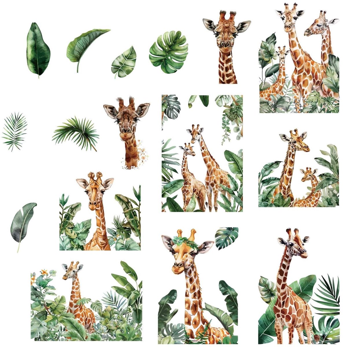 CRASPIRE Giraffe Wandstickers - 8 Platen Jungle Dieren en Planten - Waterproof en Eenvoudig aan te Brengen