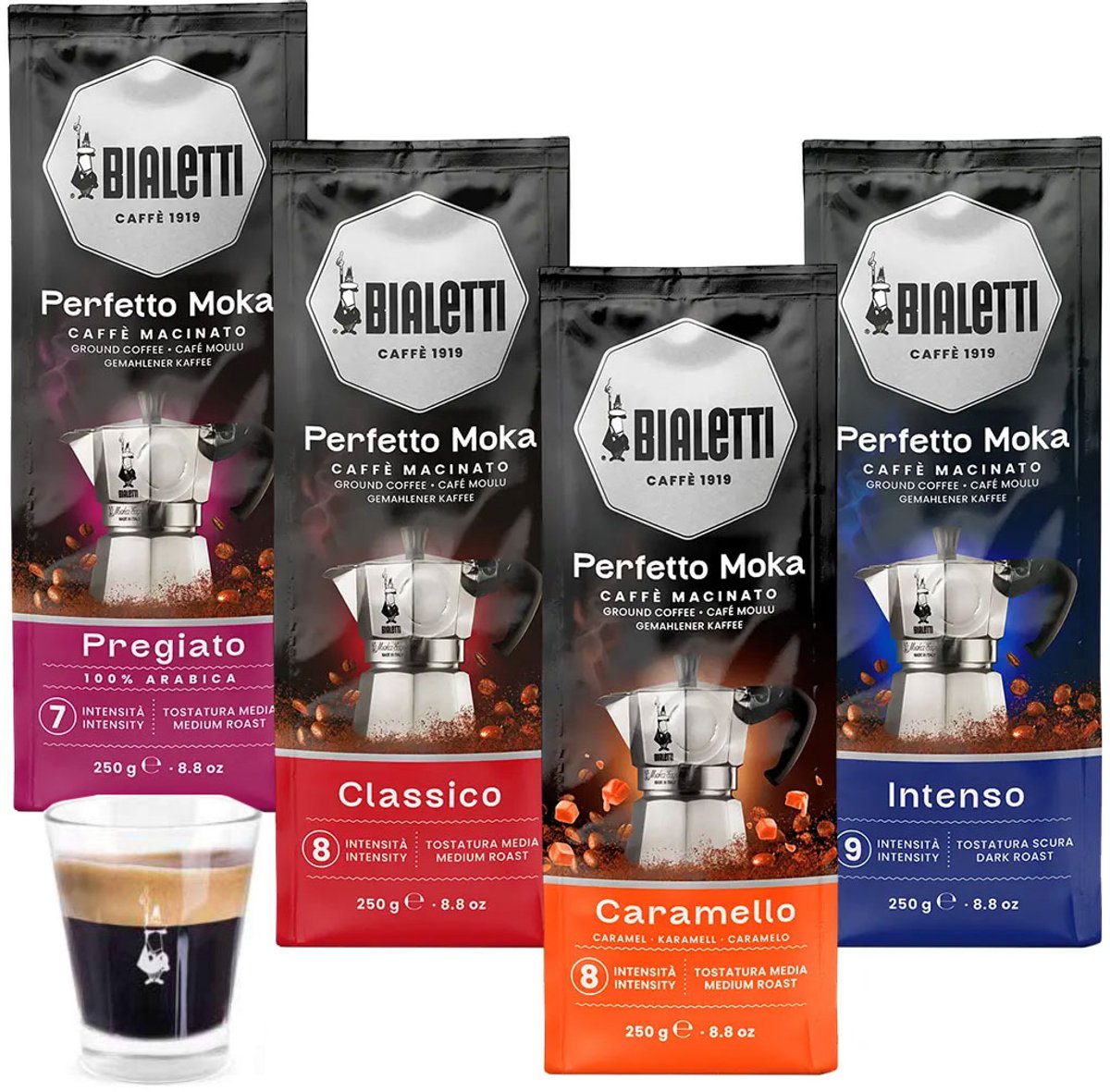 Bialetti Perfetto Moka Gemalen Koffie Proefpakket - 4 x 250 gram - Classico, Intenso, Delicato en Caramello