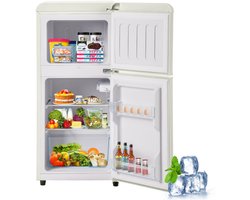 Retro koelkast. Vriescombinatie. 88,8 cm hoog, 45,5 cm breed, tweedeurs, met een totaal volume van 60 liter, een vriescapaciteit van 22 liter. 102 kWh/jaar, -27 °C ∽ 13 °C, ledverlichting. Crèmewit, energieklasse E.