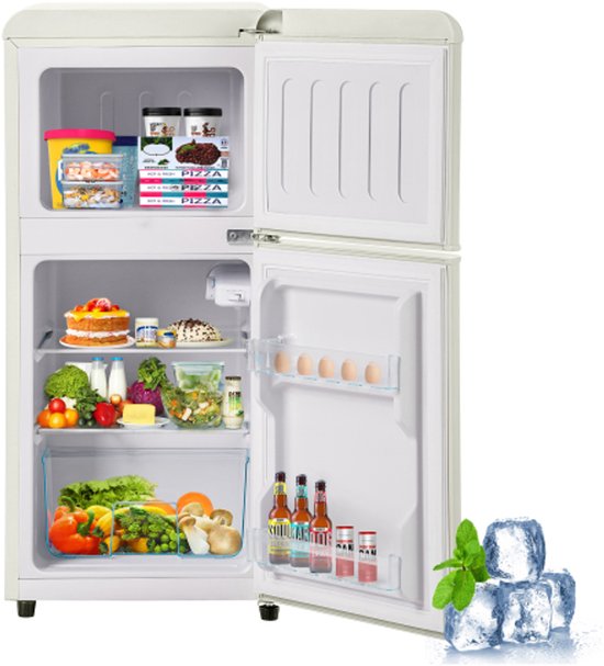 Retro koelkast 60L met vriesvak 22L, tweedeurs, energieklasse E, ledverlichting, crèmewit, compact en stil (45 dB)