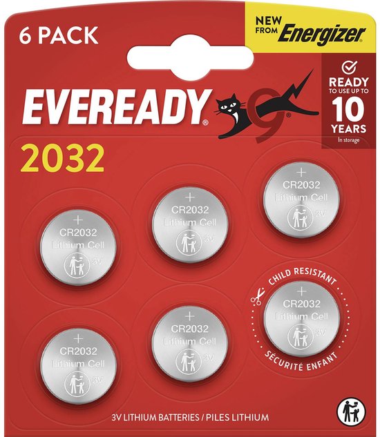 Eveready 2032 lithium knoopcel batterijen, 6 stuks. Rode verpakking met Energizer logo. Kindveilige sluiting.