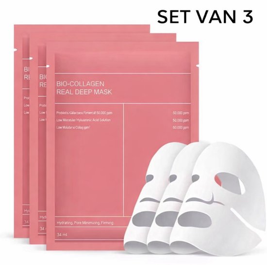 Set van 3 stuks - Bio-Collageen Gezichtsmaskers – Hydraterend Gezichtsmasker – Anti Rimpel - Pore Minimizing & Firming – Anti-Aging Sheet Mask – Skincare Treatment - Glow Up - Korean Skincare