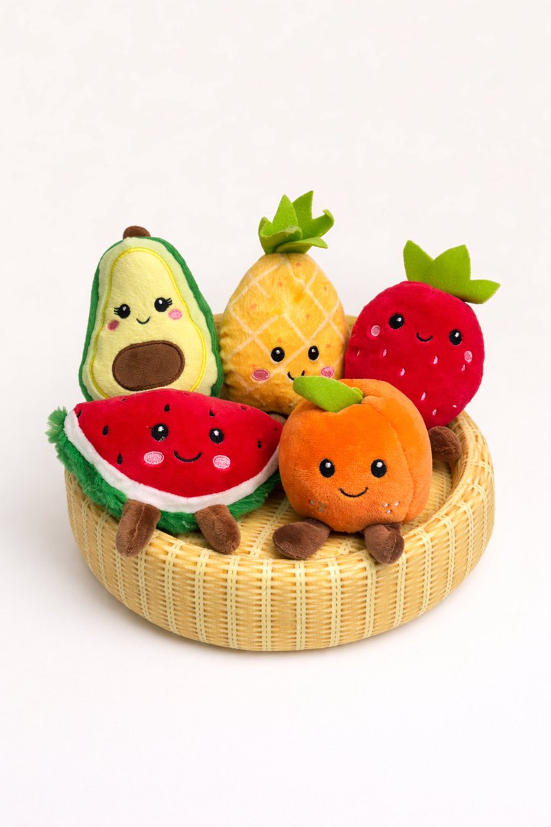 Pluche Fruit Set met Mandje – 5 Stuks – Zacht Speelgoed Fruit – Knuffelset met Avocado, Aardbei, Ananas, Watermeloen & Sinaasappel - Speelset