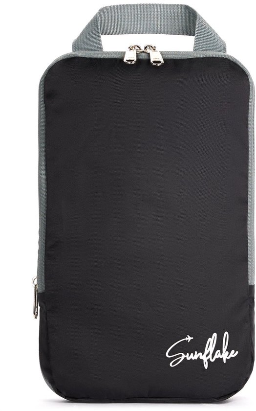 Zwarte Sunflake packing cube met grijze randen en draaglus.