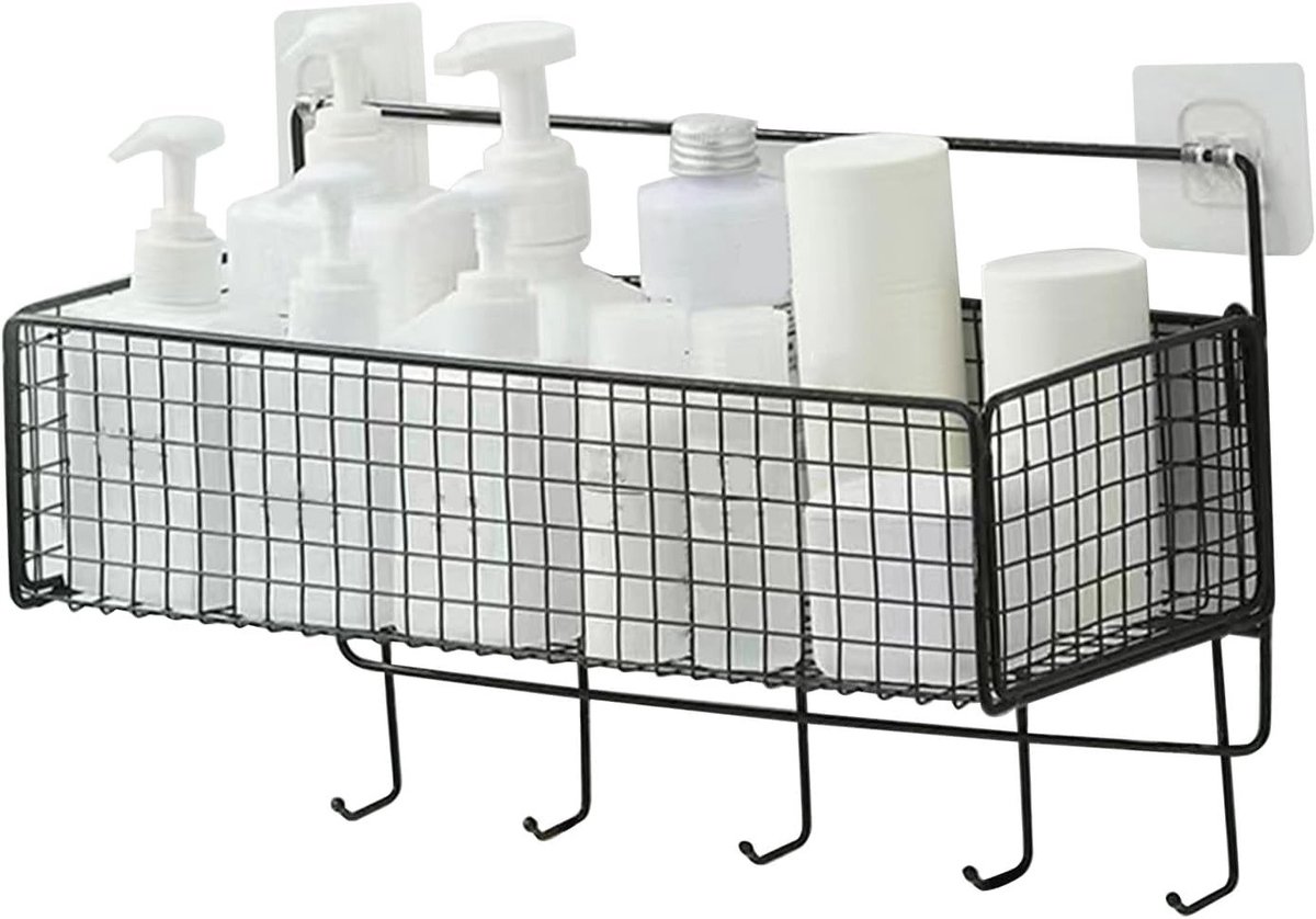 Muurbevestigde Opbergbak voor Badkamer, Eenvoudig te Installeren, Multifunctioneel en Draagbaar met Haak voor Keuken en Toilet (Zwart)