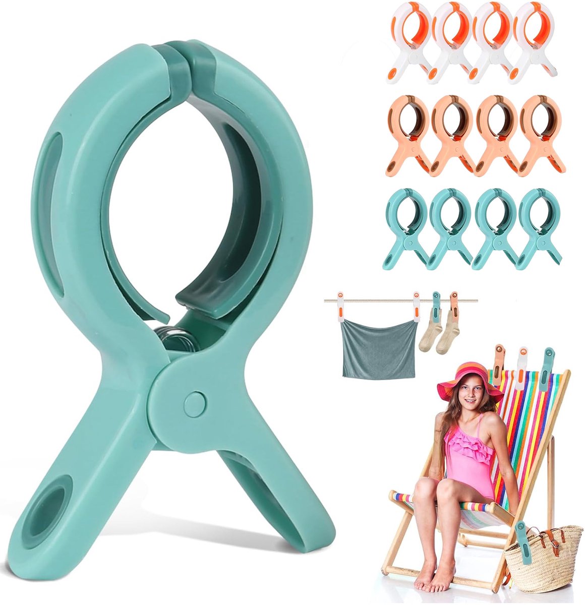 Travelhawk handdoekklemmetjes - 12 Stuks - Wasknijpers - Knijpers - Vakantie - Wit, Groen, Bruin