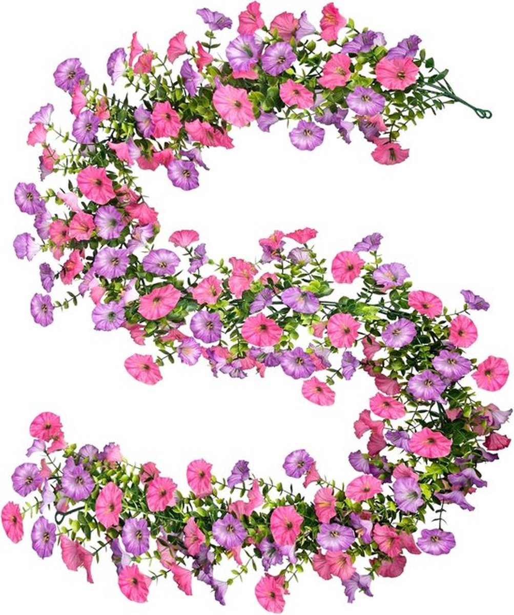 Kunsthangplant Petunia - 180cm Bloemenslinger - 116 Zijden Bloemen - UV-Bestendig & Weerbestendig - Luxe Hangende Kunstbloemen voor Balkon, Terras & Schutting - Roze & Paars