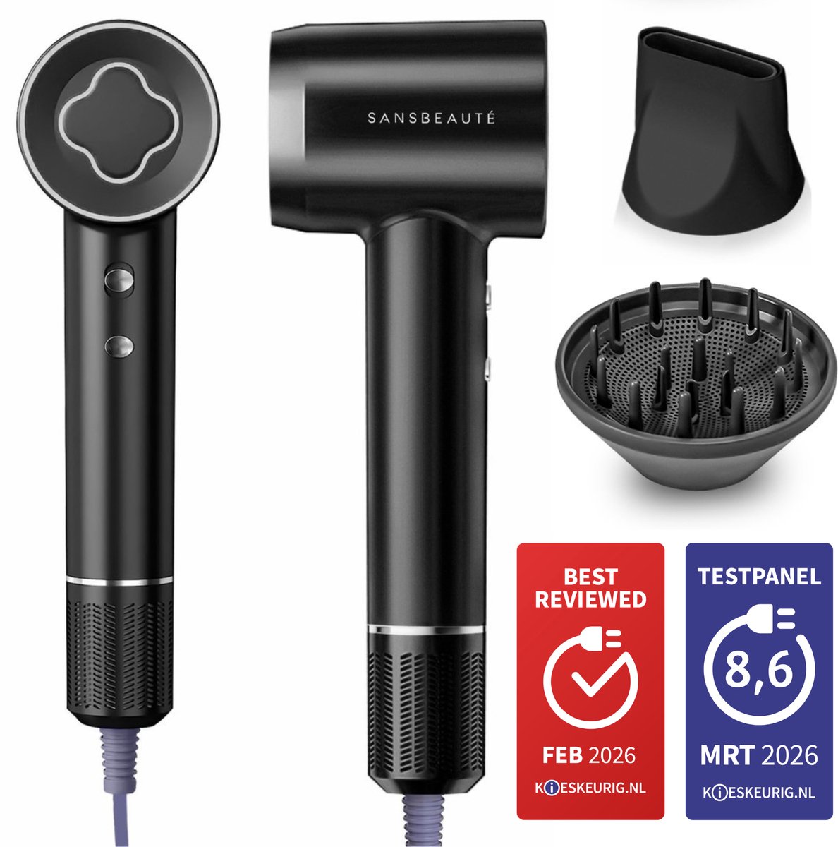 Sansbeauté® Föhn met Diffuser - Krullen - 110.000RPM - Ionische Haardroger met Borstel - 3 Standen - 3 Opzetstukken - Reisföhn - Sèche Cheveux - Krul Feun Set - Haarföhn met Defuser - Hair Blow Dryer - Kappersfohn - 2000W