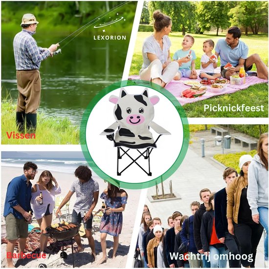 Lexorion Kinder Campingstoel met Dierenmotief - Opvouwbare Klapstoel met Bekerhouder & Draagtas voor Tuin, Camping en Picknick - Wit van Merkloos — afbeelding 2