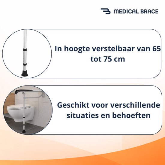 In hoogte verstelbare toiletbeugel met steunpoot.