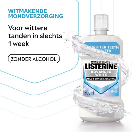 Listerine Advanced White mondwater, 500ml. "Voor wittere tanden in slechts 1 week". Zonder alcohol. Gemaakt met witmakende mondverzorging.