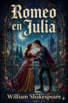 Boekomslag van Romeo en Julia met een man en vrouw in klassieke kledij op een balkon met rozen en een kasteel op de achtergrond.