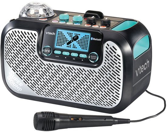 Zwarte VTech Super Sound Karaoke speaker met microfoon. Bevat een discobol.