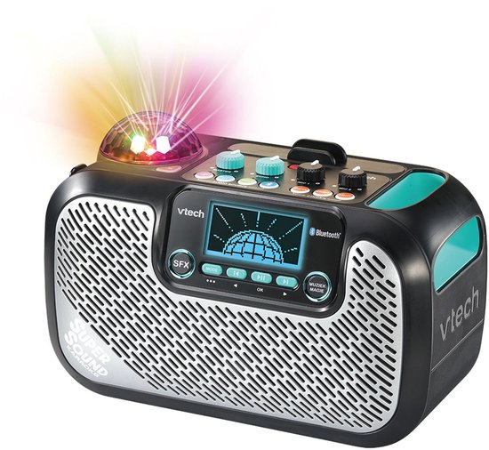 Zwarte VTech Super Sound Karaoke speaker met discobol die gekleurd licht projecteert.