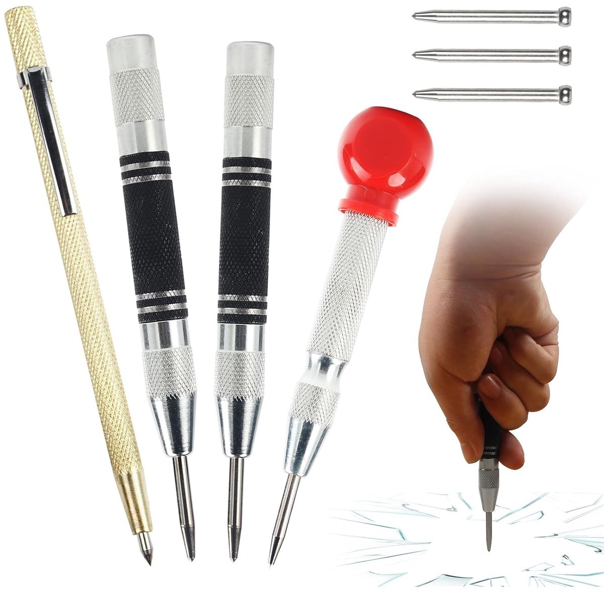 Automatische metalen pennen set met tekengaren en 3 vervangende punten, verstelbare veer voor metaal, hout en glas