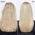 Photo avant/après de cheveux blonds. Les cheveux sont plus lisses et plus sains après le traitement.