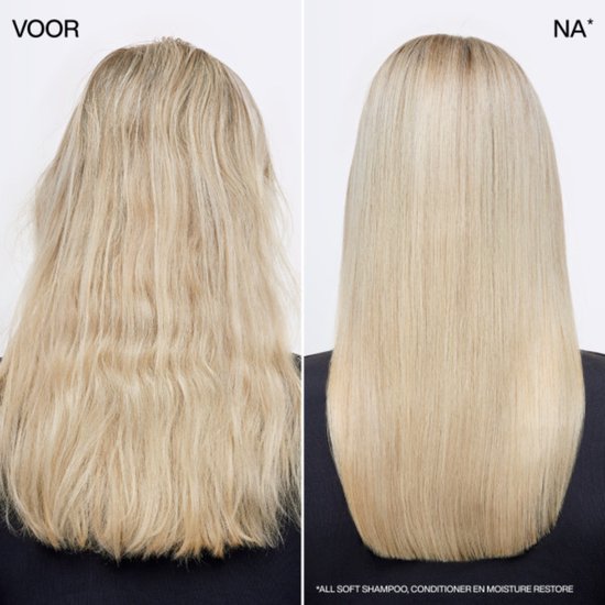 Photo avant/après de cheveux blonds. Les cheveux sont plus lisses et plus sains après le traitement.