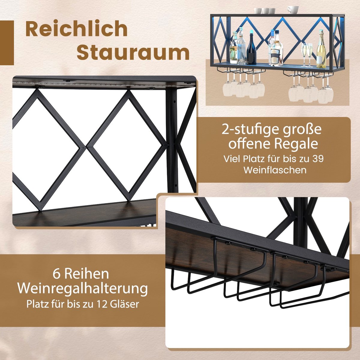 COSTWAY Wijnrek voor aan de muur met ledverlichting, 2 niveaus flessenrek hout met metalen frame, met 6 rijen wijnglashouder, industrieel design, ideaal voor thuis, bar, keuken en restaurant — cadeau in Wonen & Interieur - foto 3