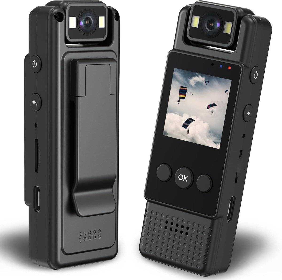 Deze draagbare mini-bewakingscamera met hoge resolutie (1080p) beschikt over een 180° draaibare lens, een batterijduur van 6 uur en bewegingsdetectie, waardoor hij geschikt is voor sporten, fietsen, reizen en andere situaties.