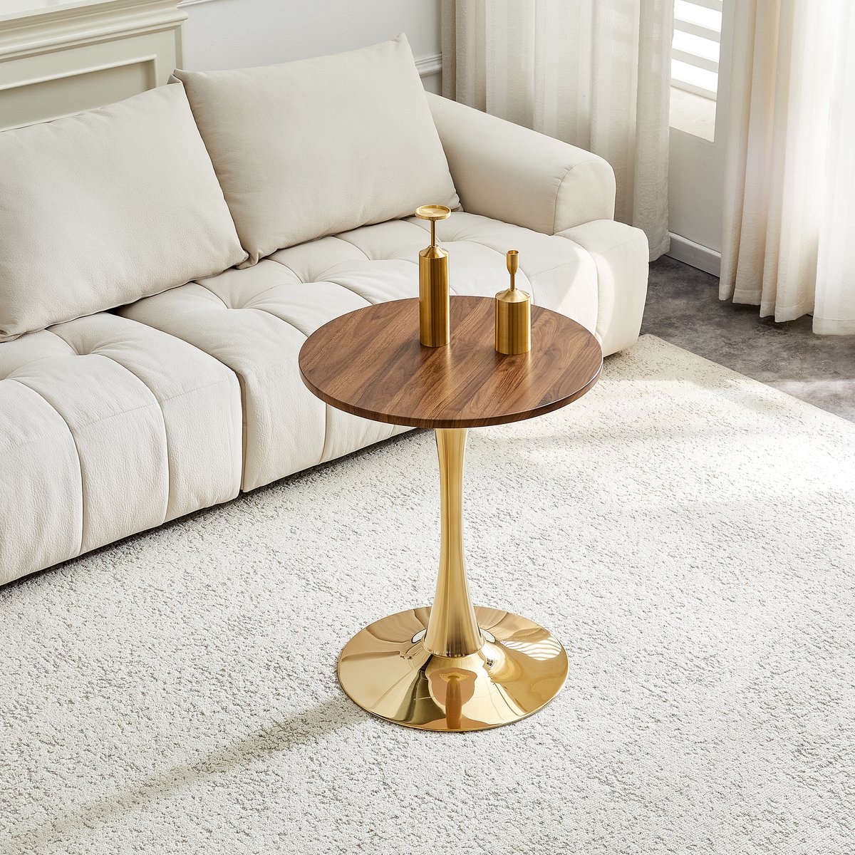 OKWISH Bijzettafel Rond – Mid Century Stijl – 60 cm – Voor Woonkamer En Leeshoek – MDF En Metaal Walnoot En Goud