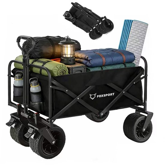 FOXSPORT Bolderkar opvouwbaar - Camping trolley - Wagen Draagbare - Outdoor aanhangwagen - Grote Capaciteit - Picknick en Bbq - Bolderwagen met Duwstang - Wagen Strandkar - handkar op wieltjes - Tot 100kg Draagvermogen - Zwart