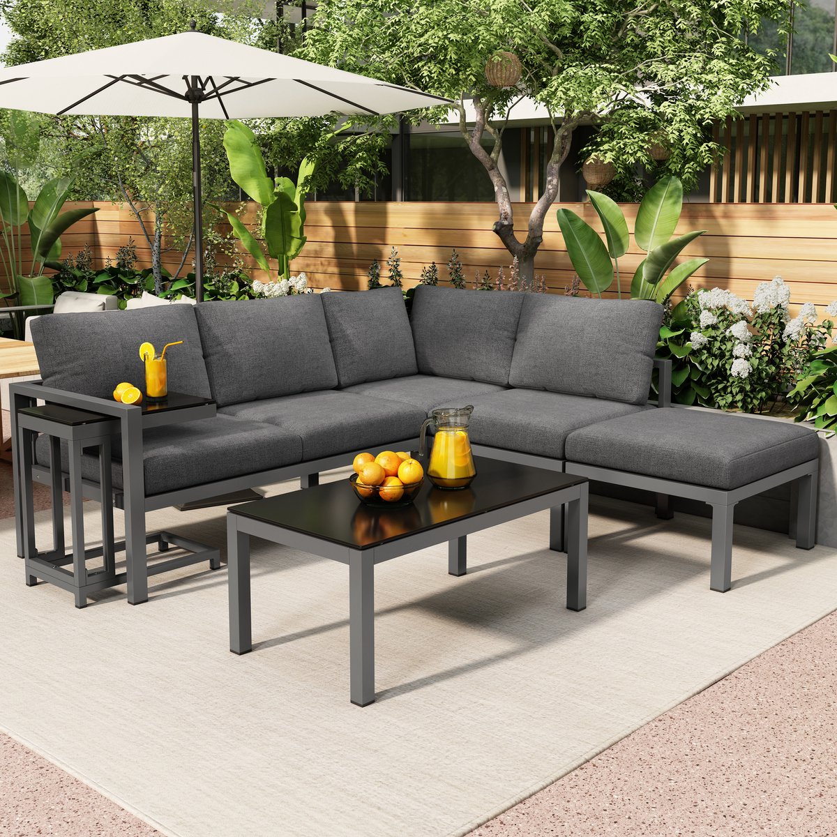 Tuin Loungeset - L-vorm - 4-5 Personen - Inclusief Poef & Tafel - Grijs - 5-delig