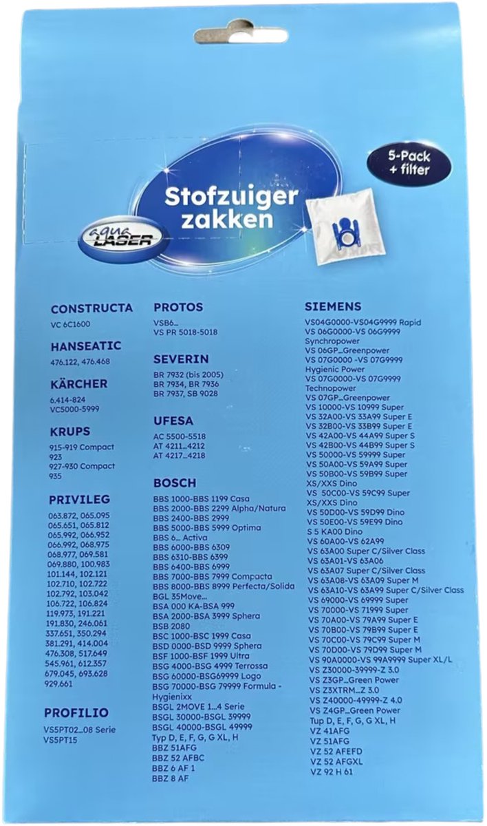 Aqua Laser Stofzuigerzakken - 30 stuks - 6 filters - voor Bosch en Siemens stofzuigers