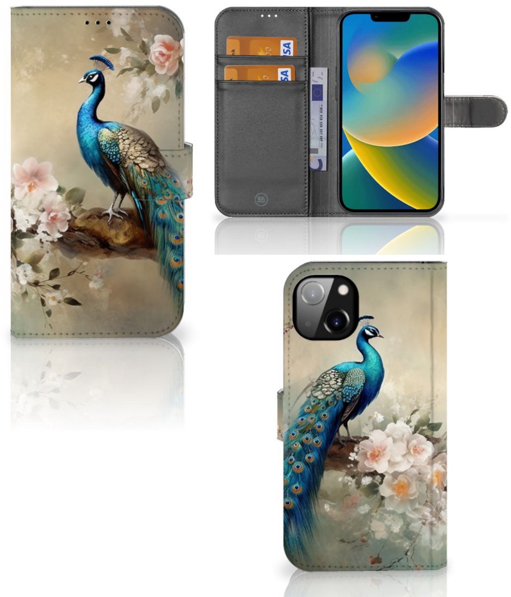 Telefoonhoesje met Pasjes voor iPhone 14 Plus Vintage Pauwen